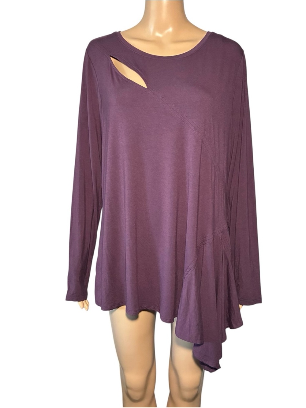 Peace Love World Asymmetric Tunic Blouse 1X Purple Round Neck Long Sleeve